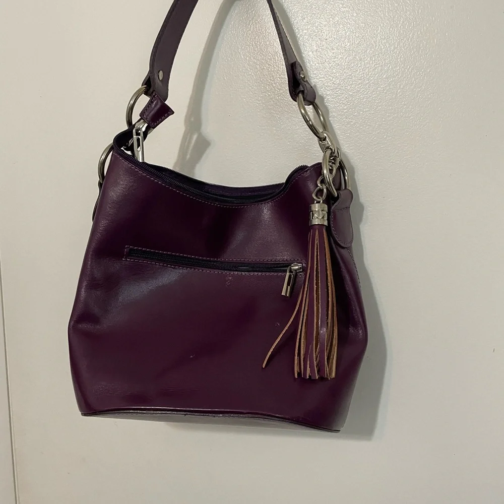 Genuine Leather Eggplant Purple Top handle bucket flat bottom Crossbody bag